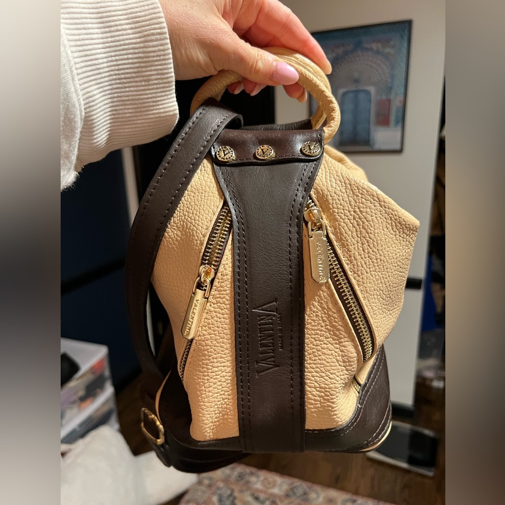 Valentina Soft Leather Convertible Backpack Sling Bag in Cream & Rich Brown